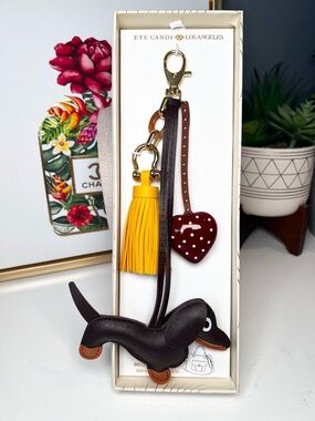 Eye Candy Dachshund, Yellow Tassel, Heart Charm Keychain Bag Charm